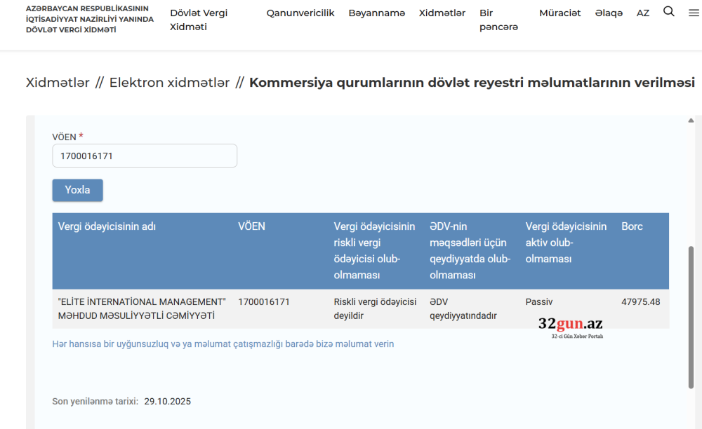 "ELİTE INTERNATIONAL MANAGEMENT" şirkətinin vergi borcu açıqlanıb
